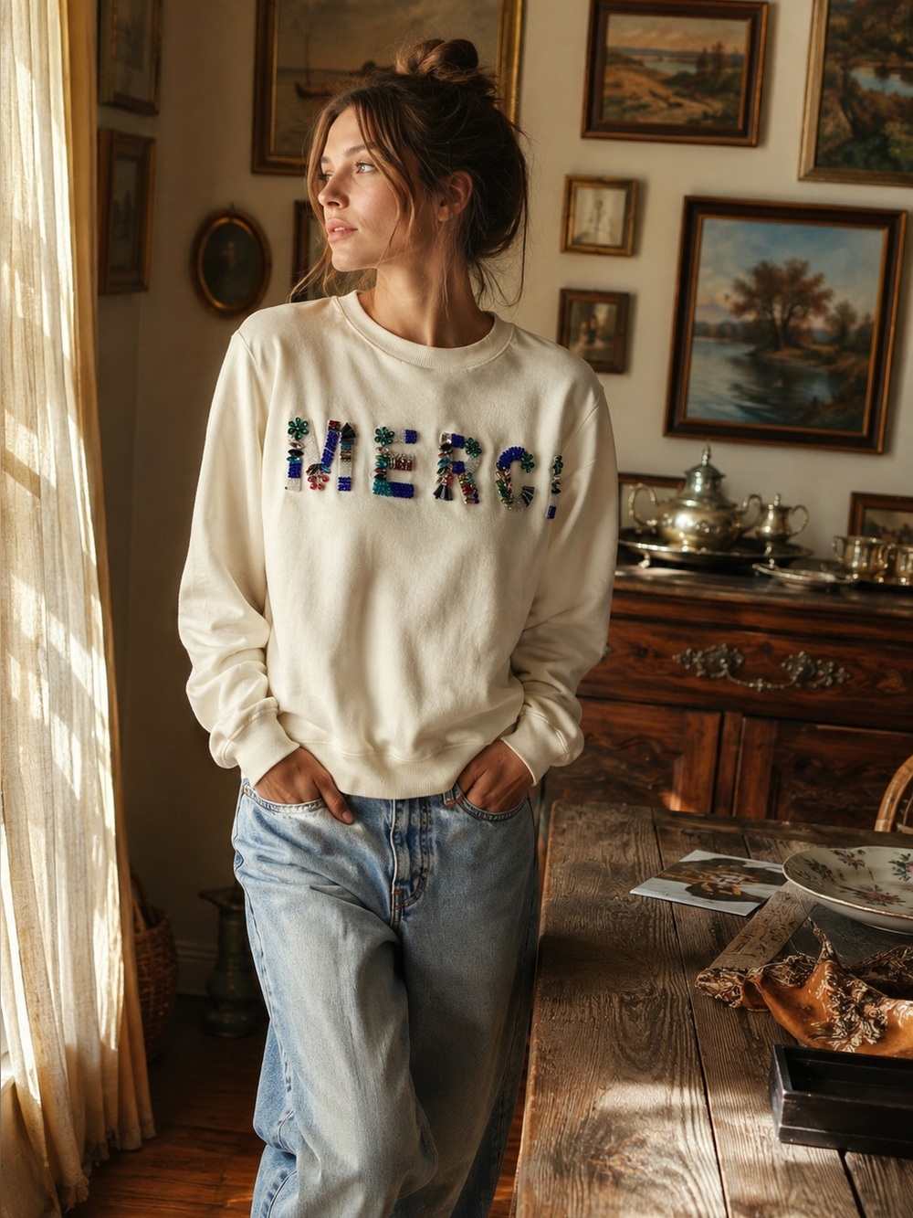 Endless Rose Ivory Large MERCI Beaded Rhinestone Embellished Sweatshirt Parisian